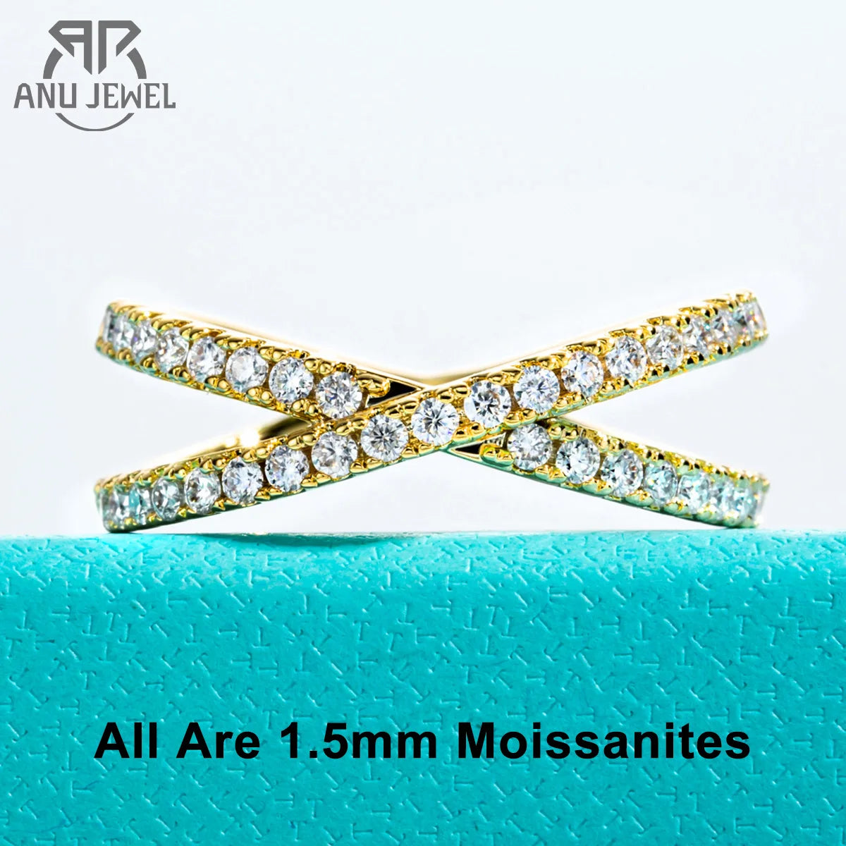 1.5mm moissanite criss-cross ring, 18K yellow gold plated S925 silver — Aurora Moissanite
