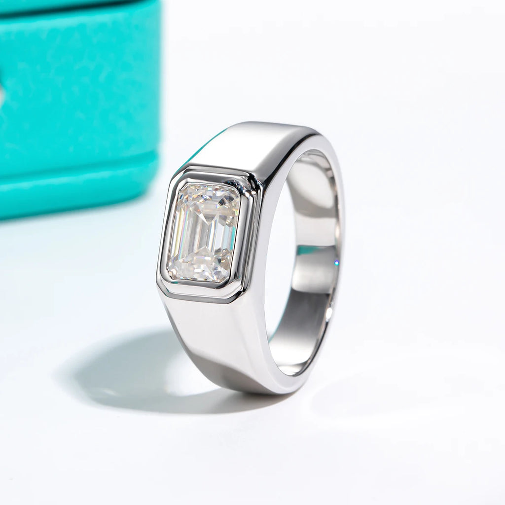 The Cole Ring — 2ct emerald moissanite men's ring, front view — Aurora Moissanite