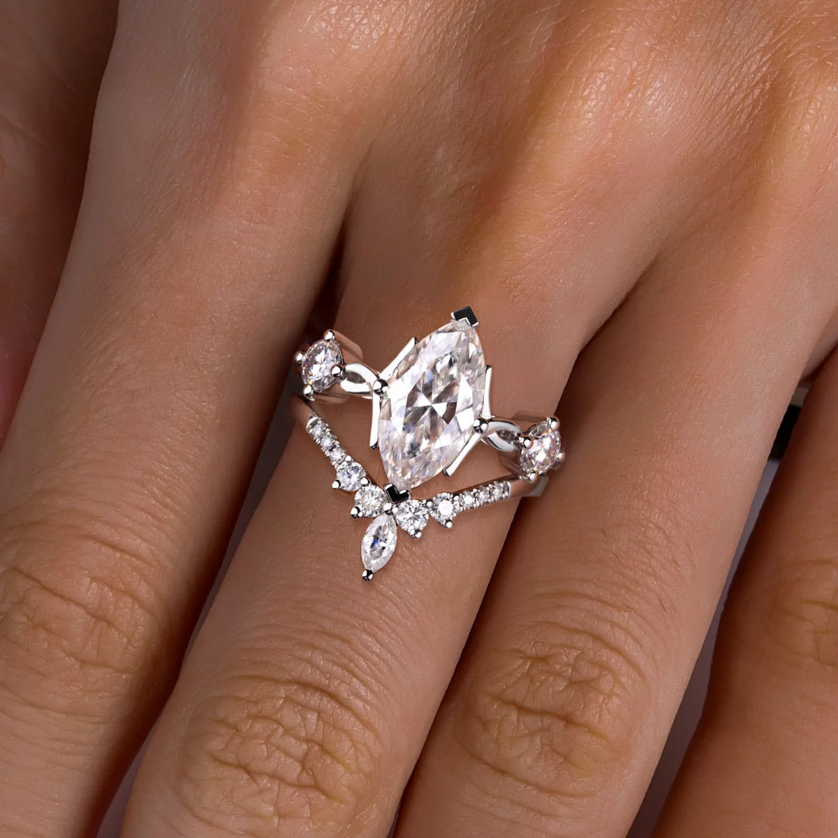 The Rhia Ring lifestyle — marquise crown bridal set worn on finger — Aurora Moissanite