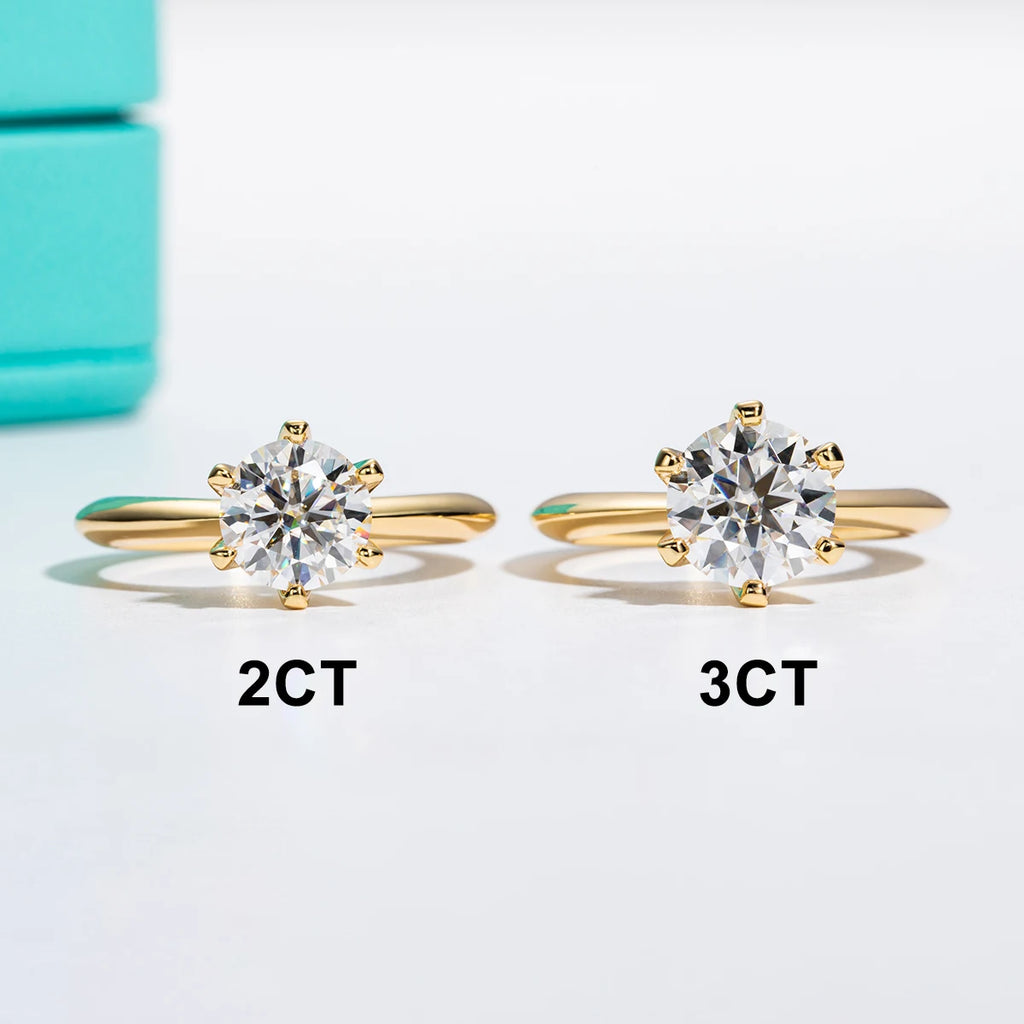 Round moissanite D color VVS1, yellow gold prong solitaire — Aurora Moissanite
