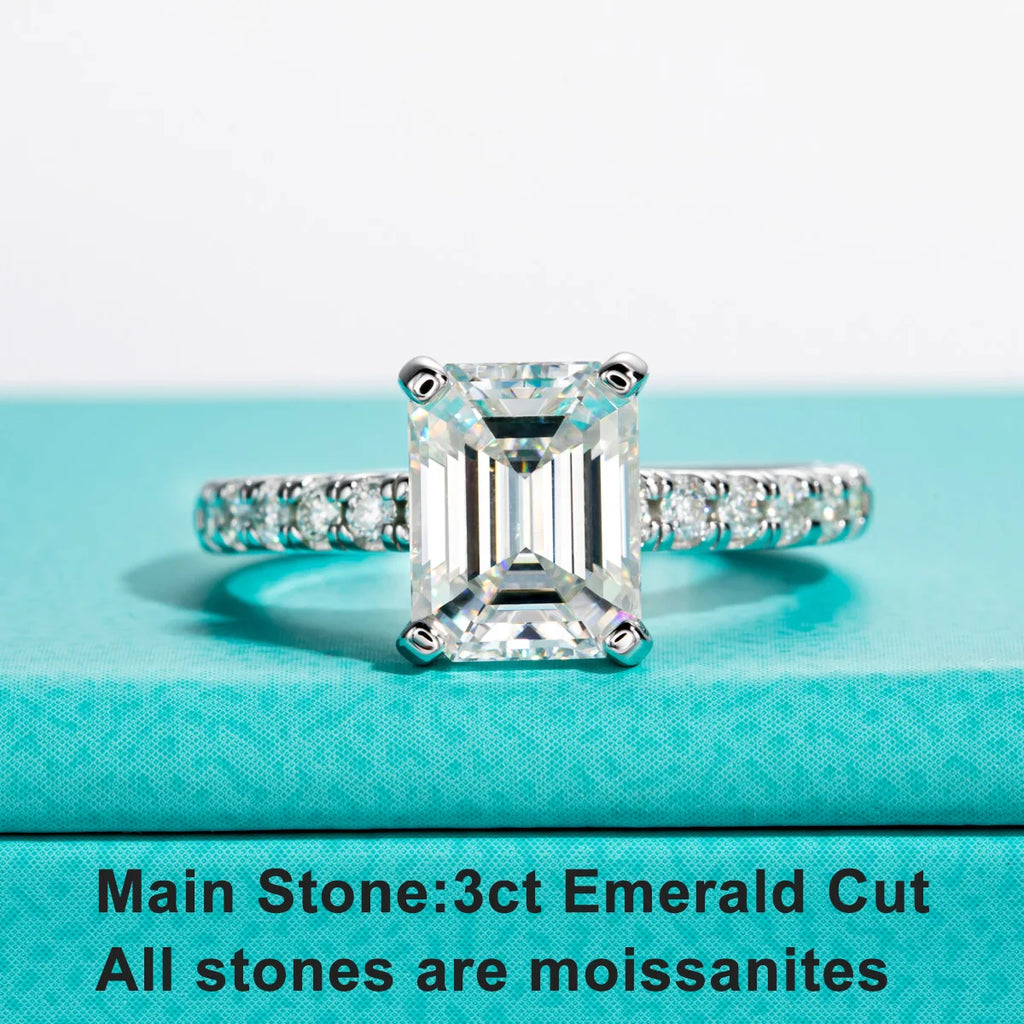 The Gwen Ring worn — 3ct emerald moissanite, S925, sizes 4–10 — Aurora Moissanite