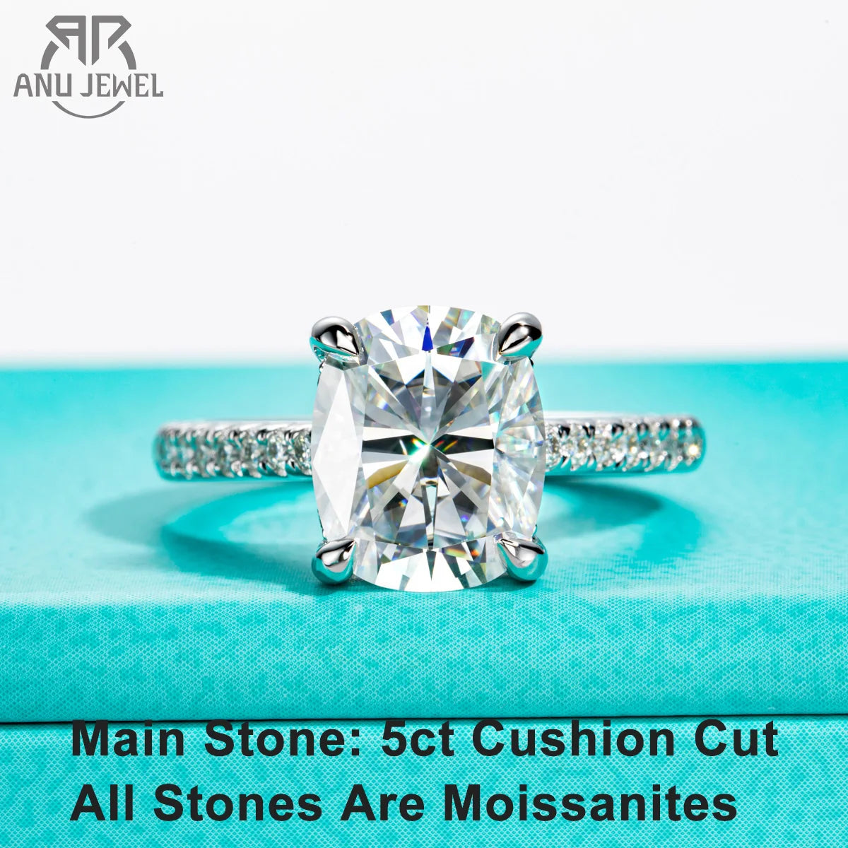 5ct cushion moissanite D color solitaire ring, S925 sterling silver — Aurora Moissanite