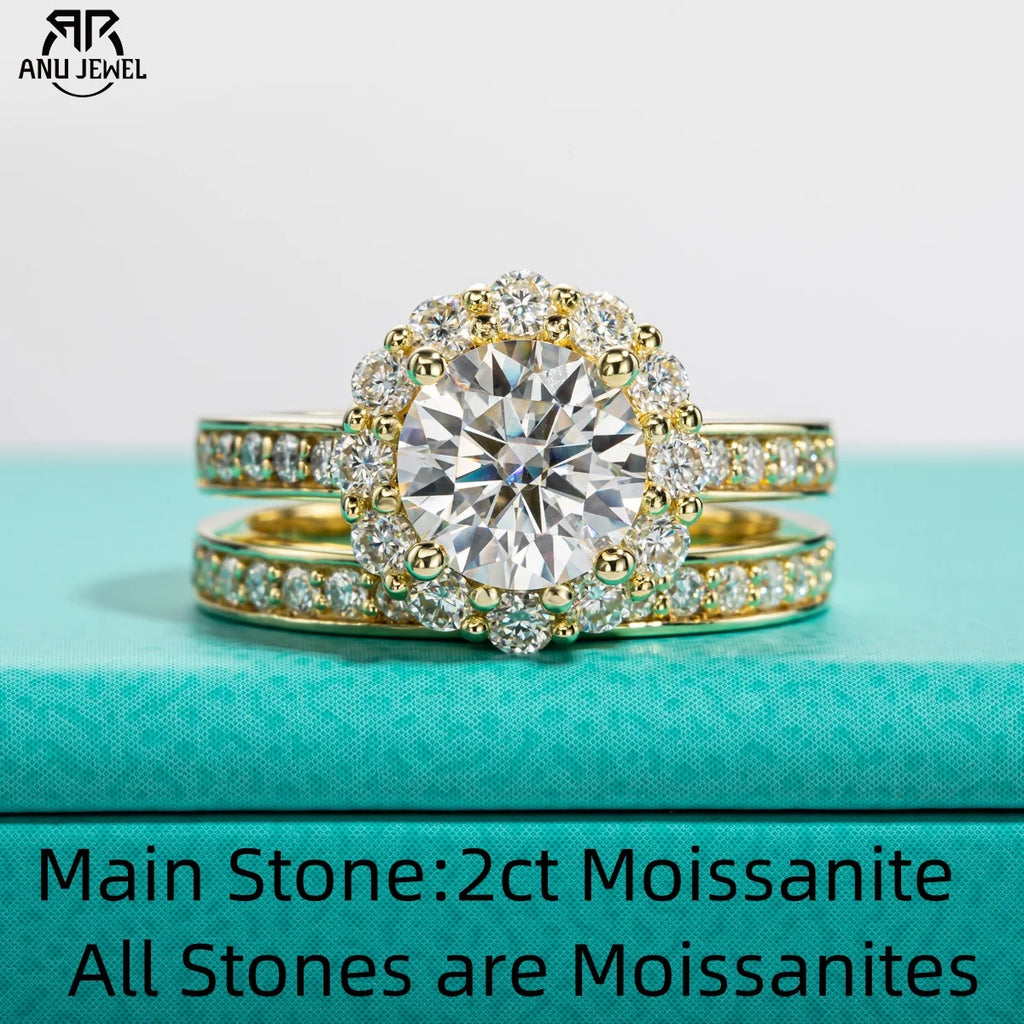2ct round moissanite bridal ring set, 14K yellow gold plated S925 — Aurora Moissanite