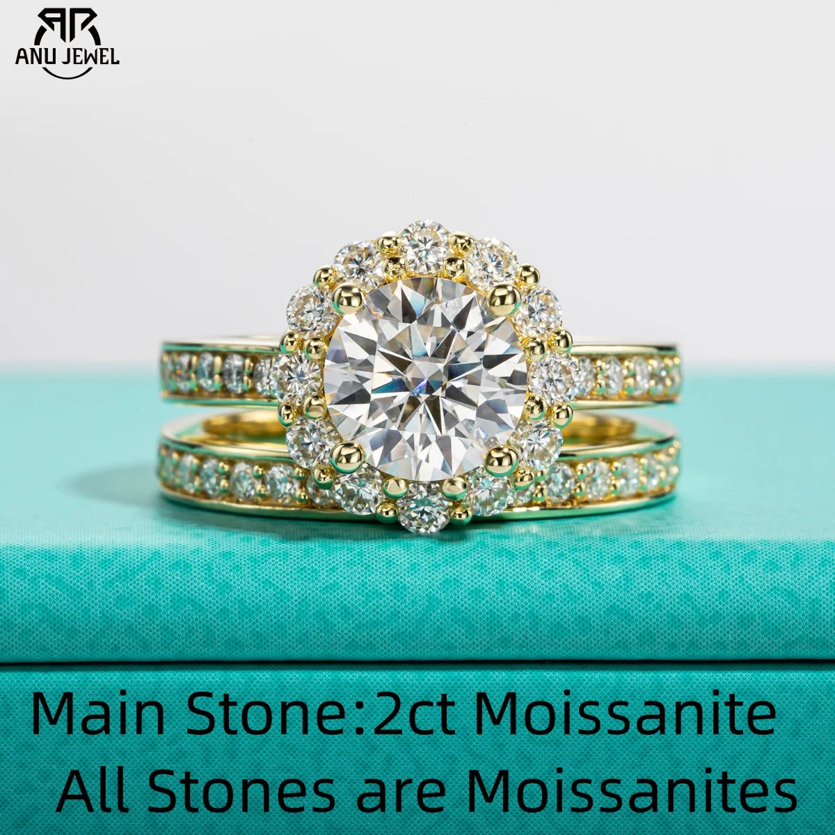 2ct round moissanite bridal ring set, 14K yellow gold plated S925 — Aurora Moissanite