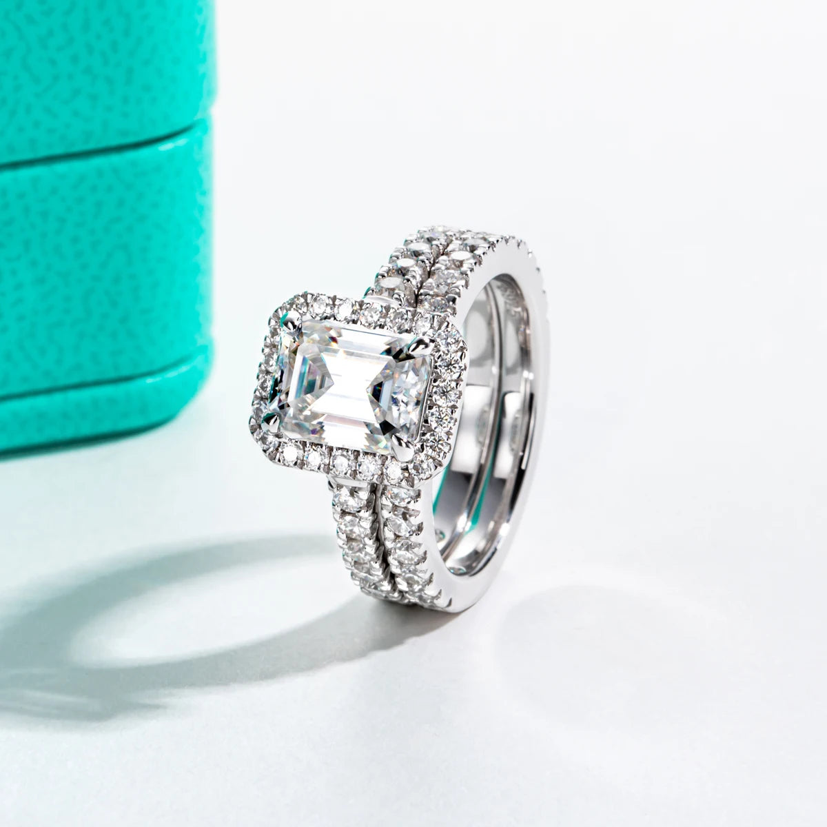 The Esse Ring worn — 3ct emerald moissanite halo vintage bridal set — Aurora Moissanite