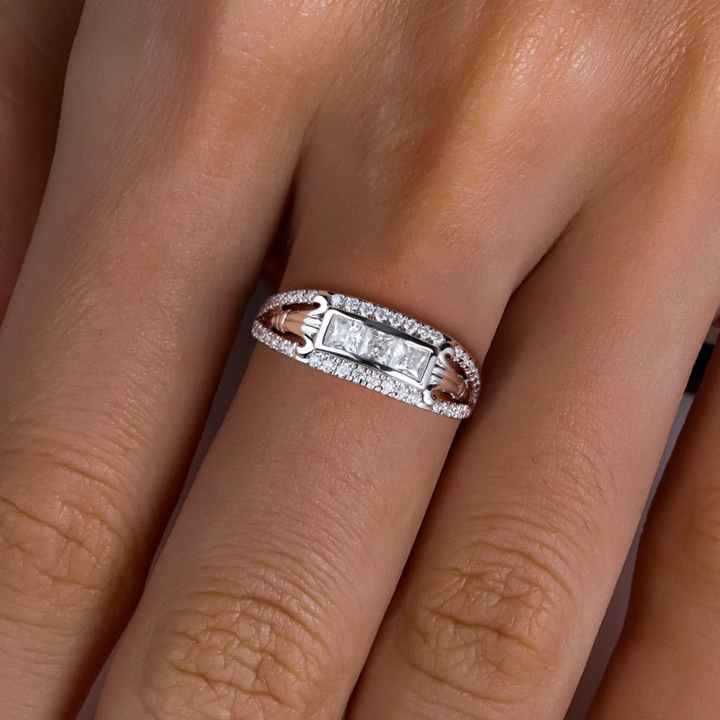 Princess moissanite tension mount ring top view, suspended stone visible — Aurora Moissanite
