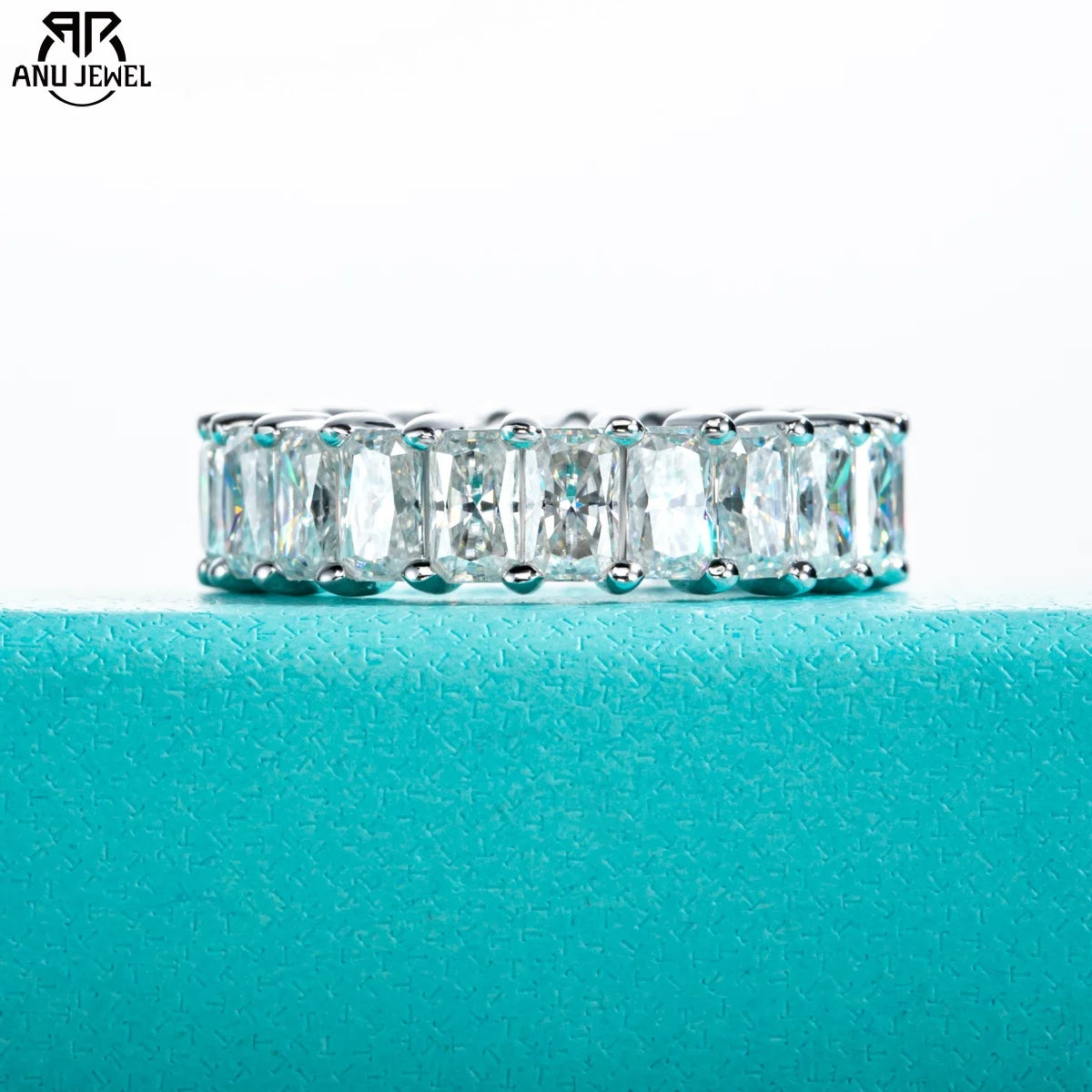 8.1cttw emerald cut moissanite eternity band, S925 sterling silver — Aurora Moissanite