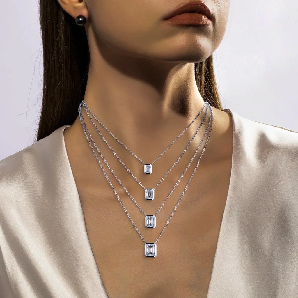 AnuJewel 0.6ct/1ct/2ct/3ct D Color Emerald Cut Moissanite Bezel Pendant Necklace 925 Sterling Silver Jewelry Gifts for Women