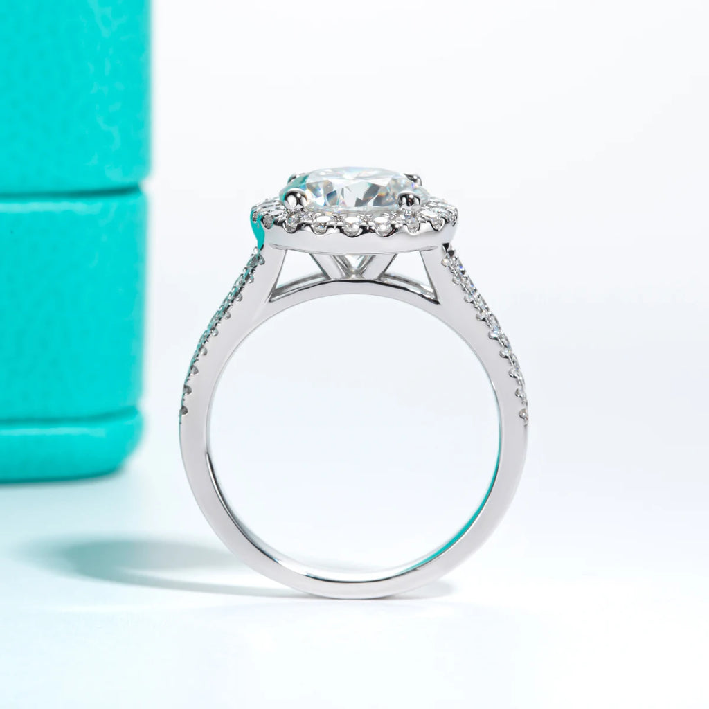 The Ina Ring lifestyle — 3ct round moissanite halo worn on finger — Aurora Moissanite
