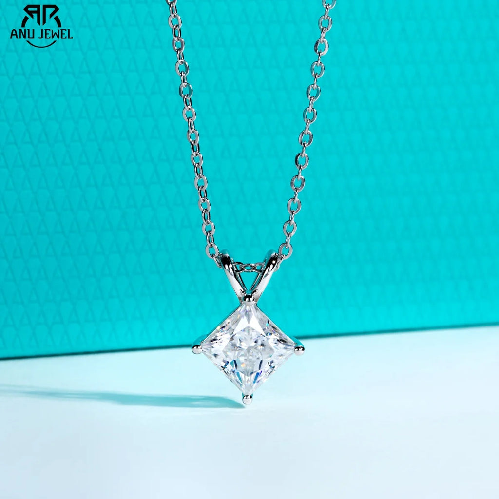 AnuJewel 2ct/3ct/4ct/5ct D Color Princess Cut Moissanite Diamond Pendant Necklace 925 Sterling Silver Elegant Gifts for Women