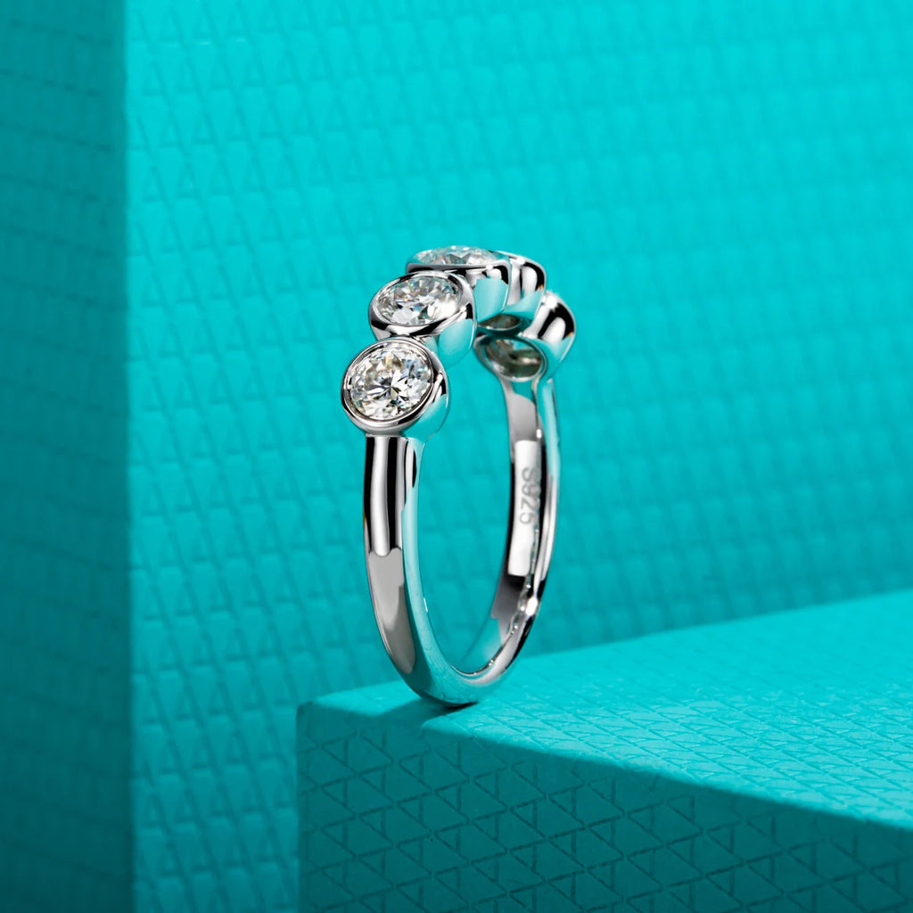 The Arch Band worn — 4mm moissanite half eternity bezel band, 1.5cttw — Aurora Moissanite