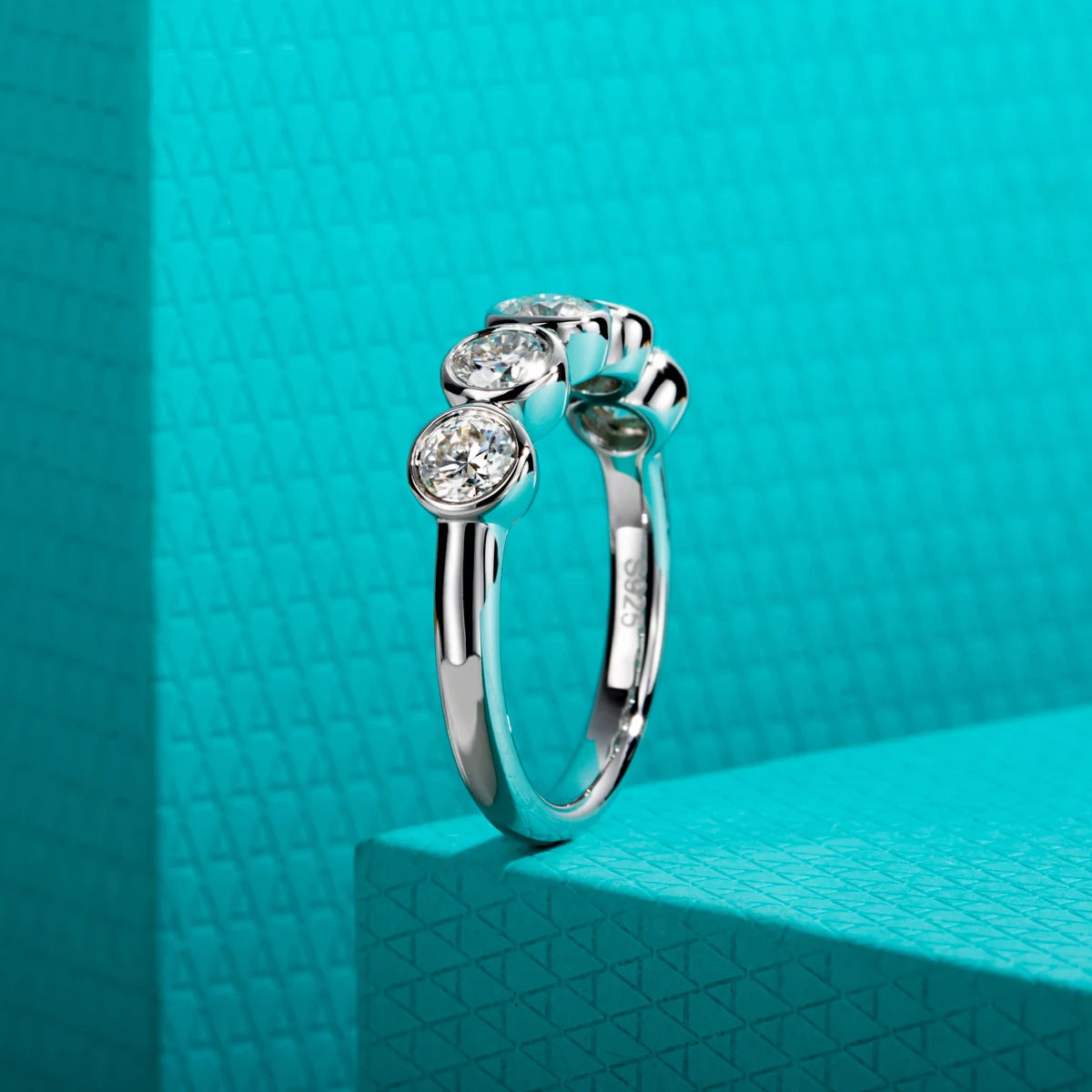 The Arch Band worn — 4mm moissanite half eternity bezel band, 1.5cttw — Aurora Moissanite