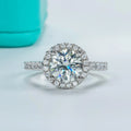 The Dwyn Ring worn — 2ct round moissanite halo, 18K white gold — Aurora Moissanite