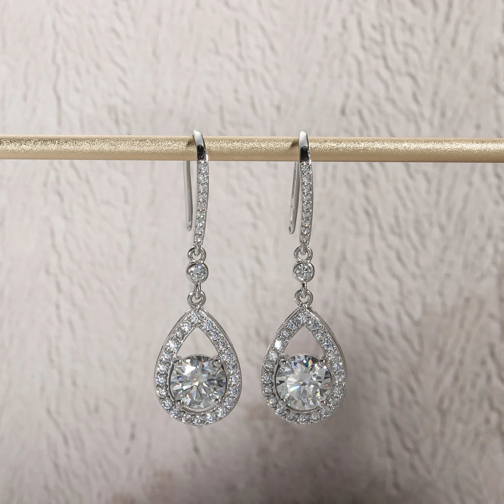 Teardrop moissanite earrings 1ct D color VVS1, hook closure — Aurora Moissanite