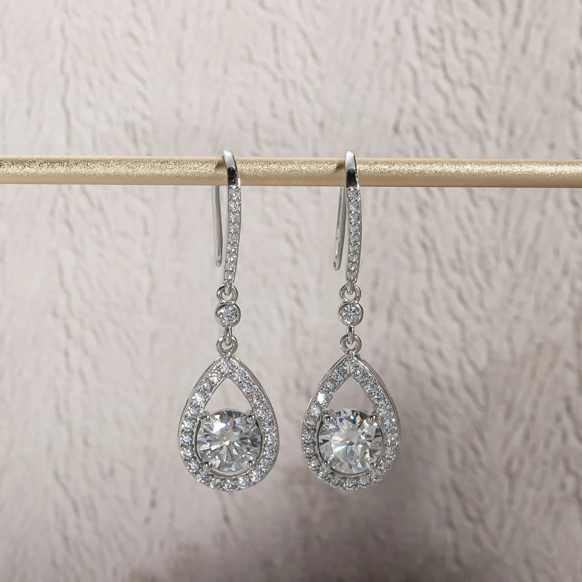 Teardrop moissanite earrings 1ct D color VVS1, hook closure — Aurora Moissanite