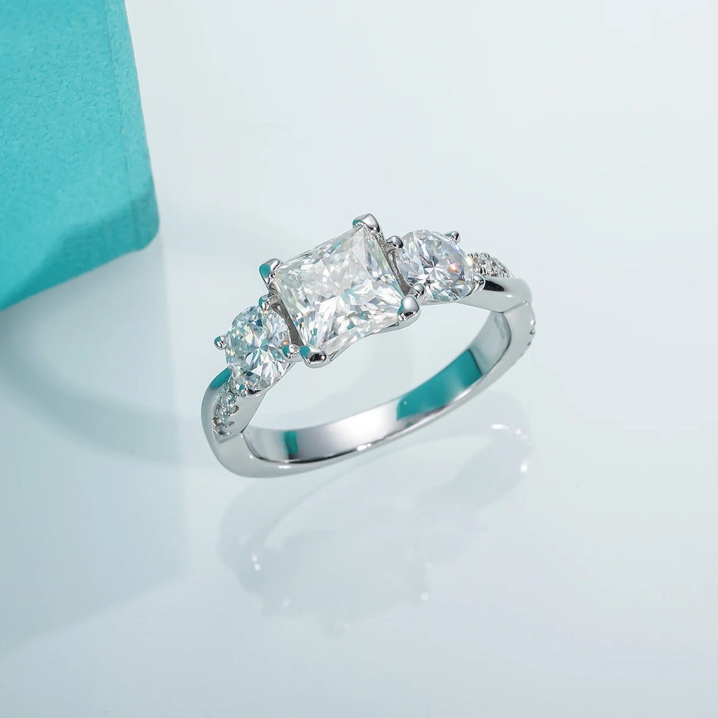 Princess cut moissanite three-stone 1.5cttw D color VVS1, three matching squares — Aurora Moissanite