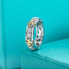Moissanite cross pattern eternity band D color VVS1, pattern detail close-up — Aurora Moissanite
