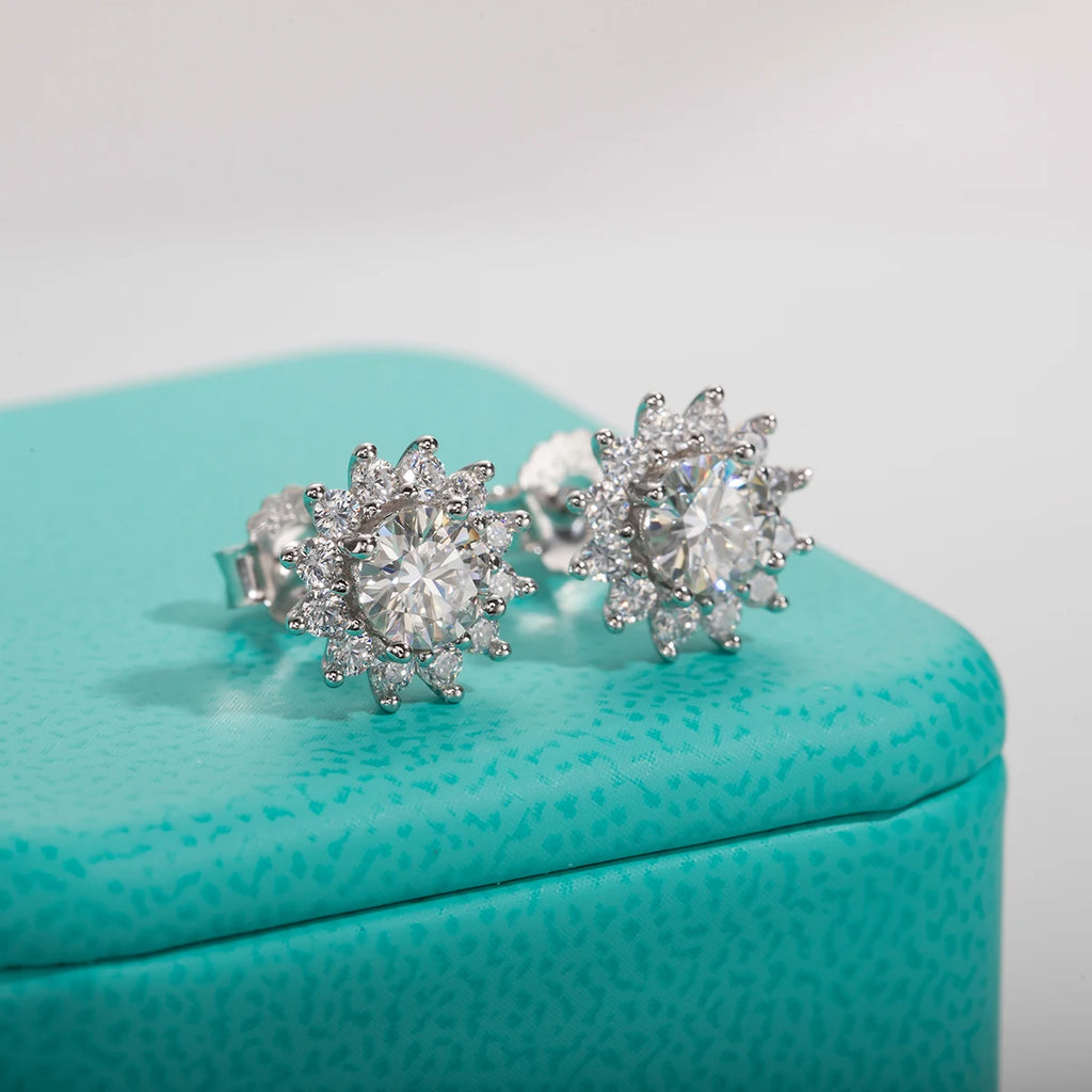 The Fleur Earrings lifestyle — sunflower moissanite studs worn — Aurora Moissanite
