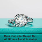 Top view of 3ct round moissanite bezel ring showing clean continuous bezel setting — Aurora Moissanite