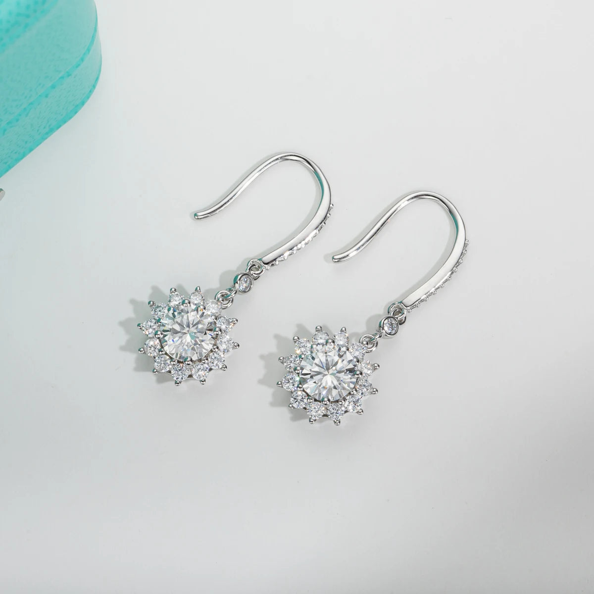 The Soleil Earrings — 1ct sunflower moissanite drop earrings, front — Aurora Moissanite