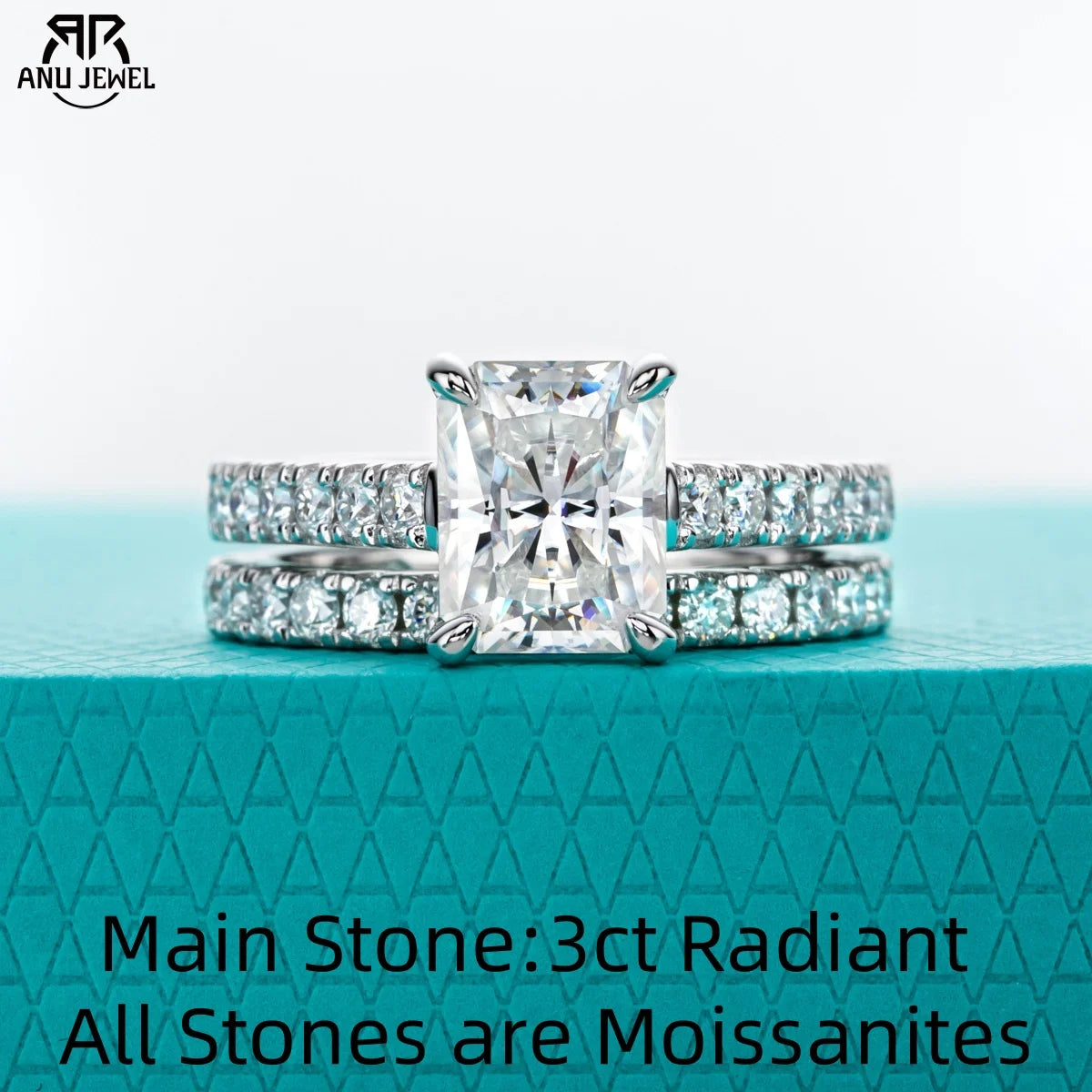 3ct radiant moissanite bridal set 4.042ct total, S925 silver — Aurora Moissanite