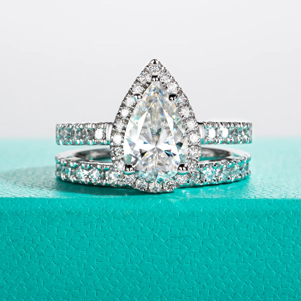 The Oria Ring worn — 3ct pear moissanite halo bridal ring set, S925 silver — Aurora Moissanite