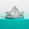 The Oria Ring worn — 3ct pear moissanite halo bridal ring set, S925 silver — Aurora Moissanite