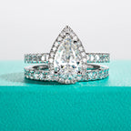 The Oria Ring worn — 3ct pear moissanite halo bridal ring set, S925 silver — Aurora Moissanite