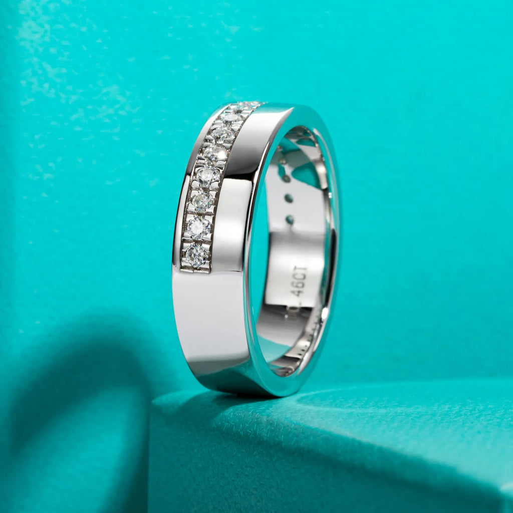 Moissanite wedding band, side profile, S925 — Aurora Moissanite