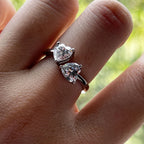 The Calla Ring worn — 2ct heart moissanite two-stone open-band ring, S/M/L sizes — Aurora Moissanite