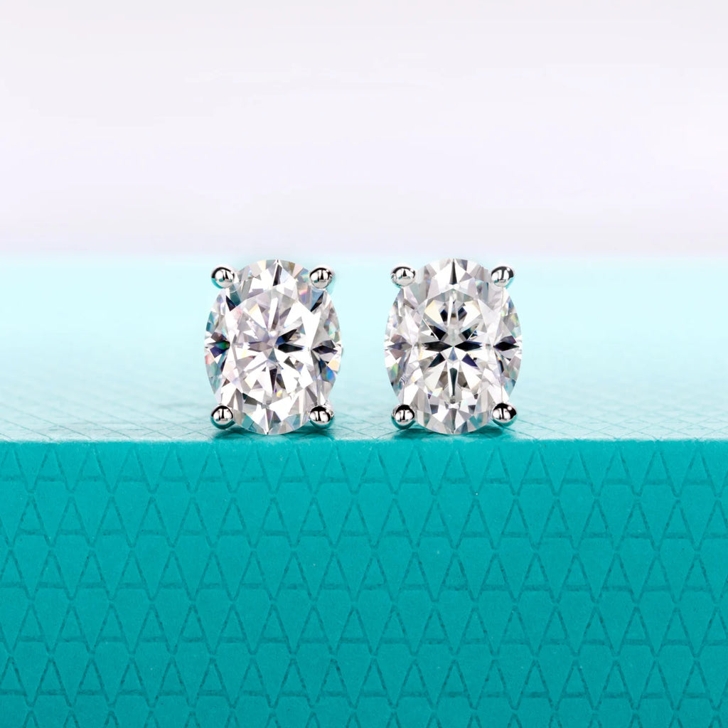 The Sova Earrings — oval moissanite studs multi-carat, front view — Aurora Moissanite