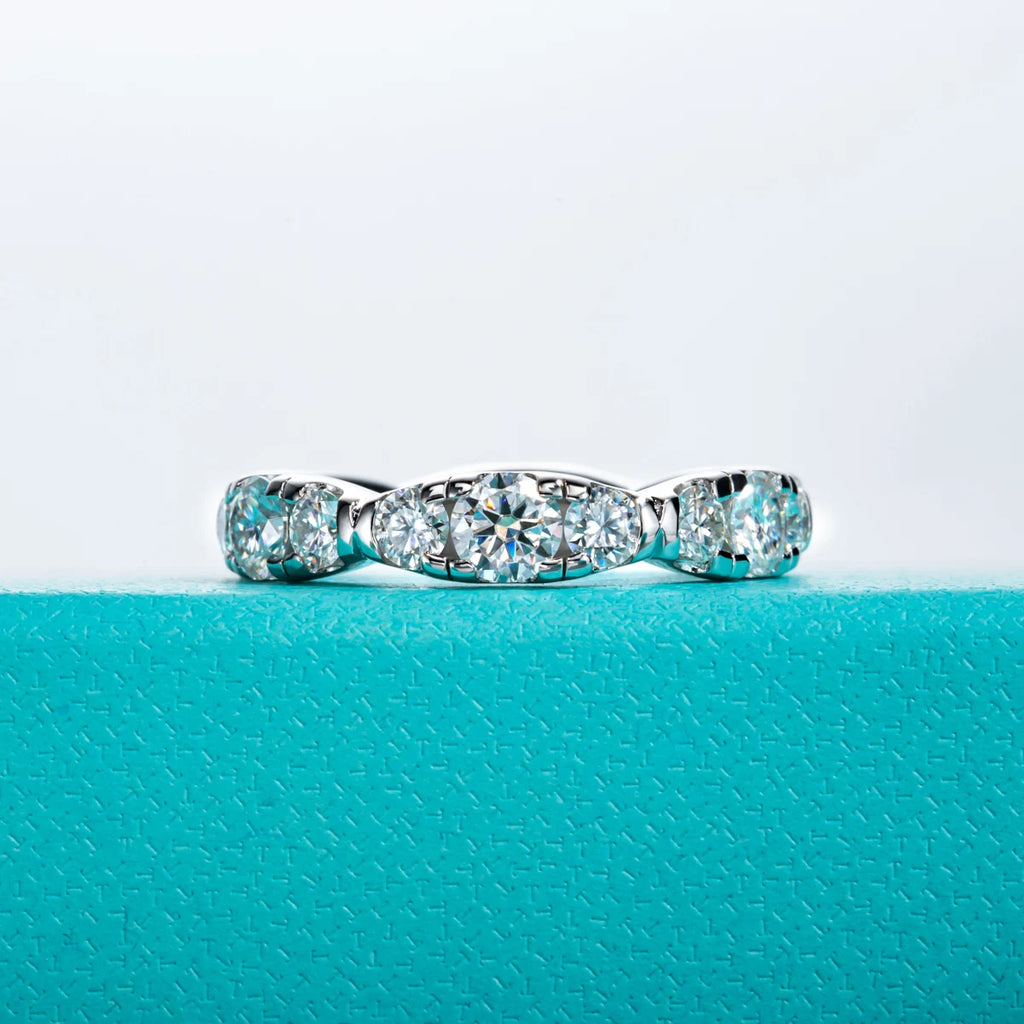 The Cirra Band — moissanite full eternity ring, front view, 18K white gold — Aurora Moissanite