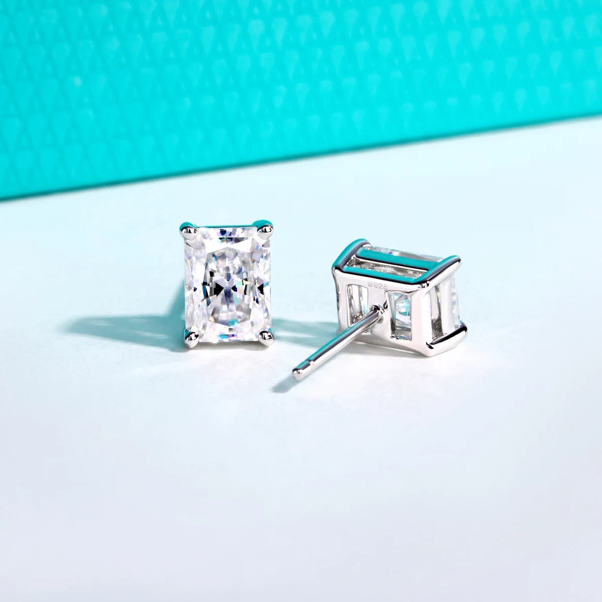 Radiant moissanite earrings, side profile, S925 — Aurora Moissanite