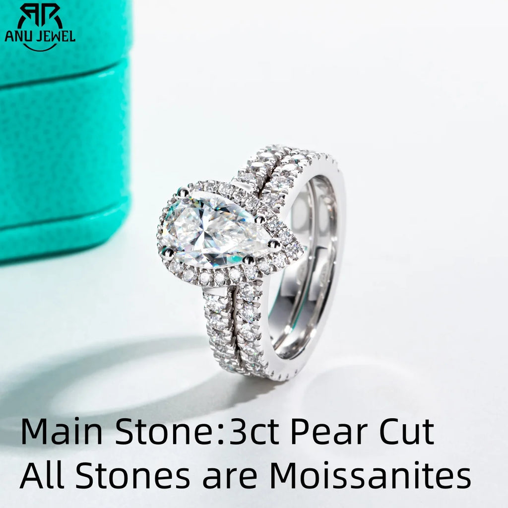 3ct pear moissanite halo bridal ring set, S925 sterling silver — Aurora Moissanite