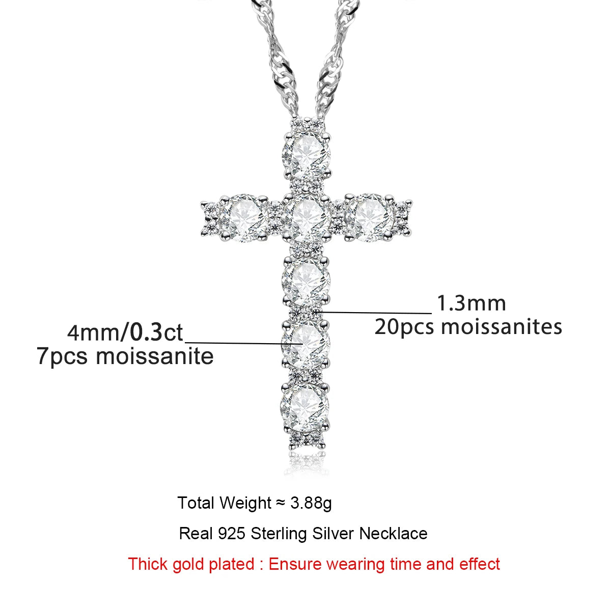2.1cttw moissanite cross pendant, 18K gold plated sterling silver, side angle — Aurora Moissanite
