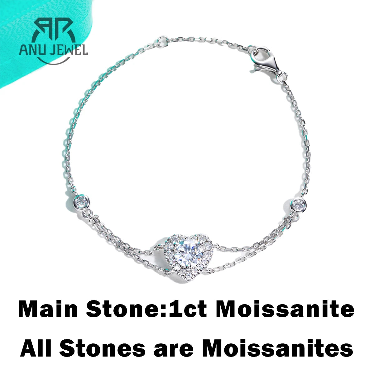 AnuJewel 1ct Moissanite Heart Bracelet On Hand 925 Sterling Silver Lab Created Diamond 17.5cm Adjustable Bracelets For Woman