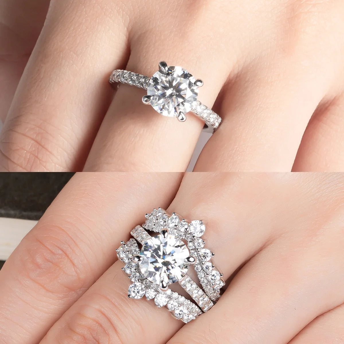 The Reid Ring worn — 3ct round moissanite solitaire, 18K gold, sizes 4.5–10 — Aurora Moissanite