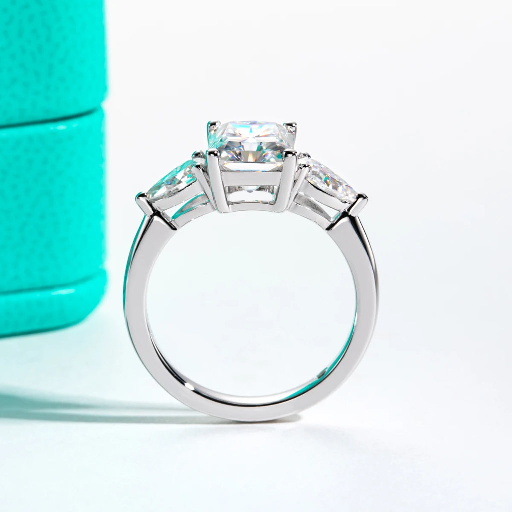 3ct radiant plus pear moissanite engagement ring, side profile, 18K gold — Aurora Moissanite