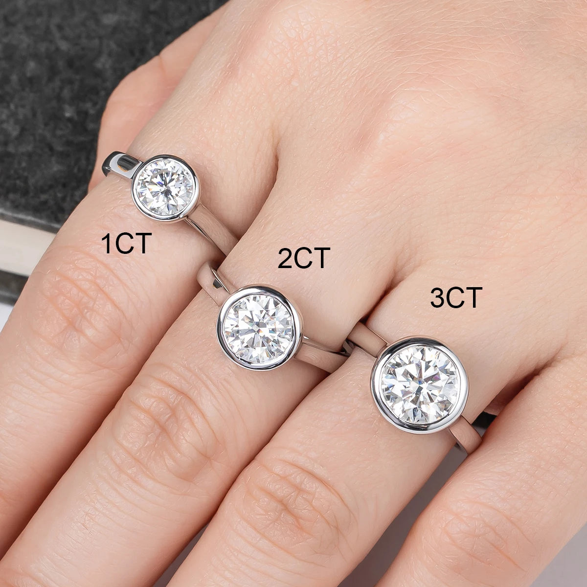 The Kane Ring worn — round moissanite bezel engagement ring, S925, 1ct-3ct — Aurora Moissanite