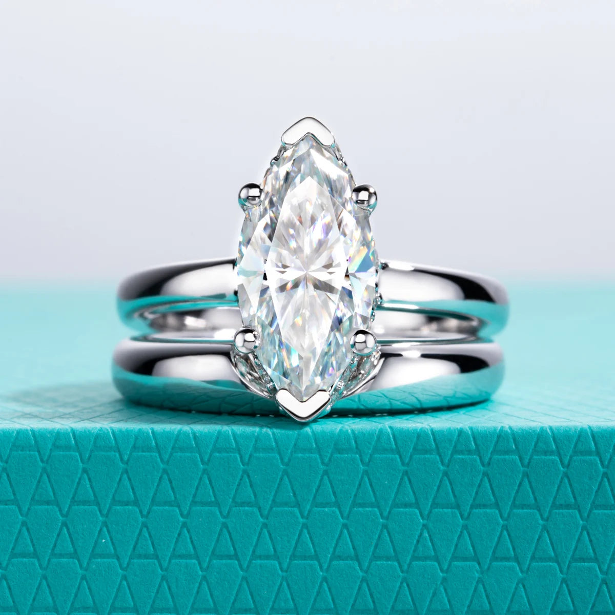 The Mave Ring — 3ct marquise moissanite bridal set, front view — Aurora Moissanite