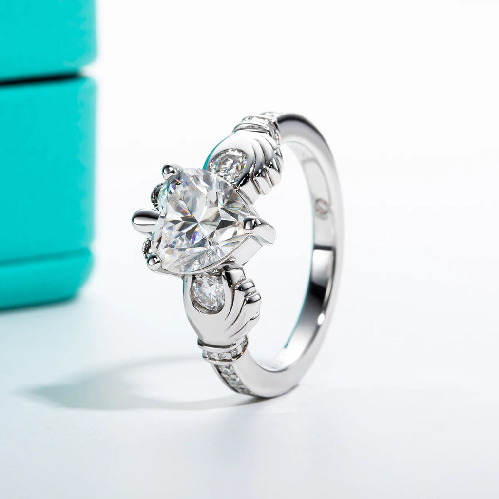 The Vela Ring — heart moissanite Claddagh ring, front view — Aurora Moissanite