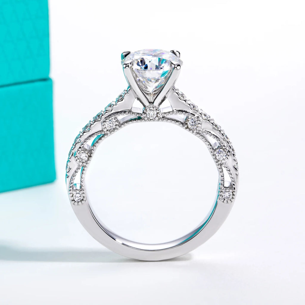 The Rowe Ring worn — 2ct round moissanite vintage style, 18K gold — Aurora Moissanite