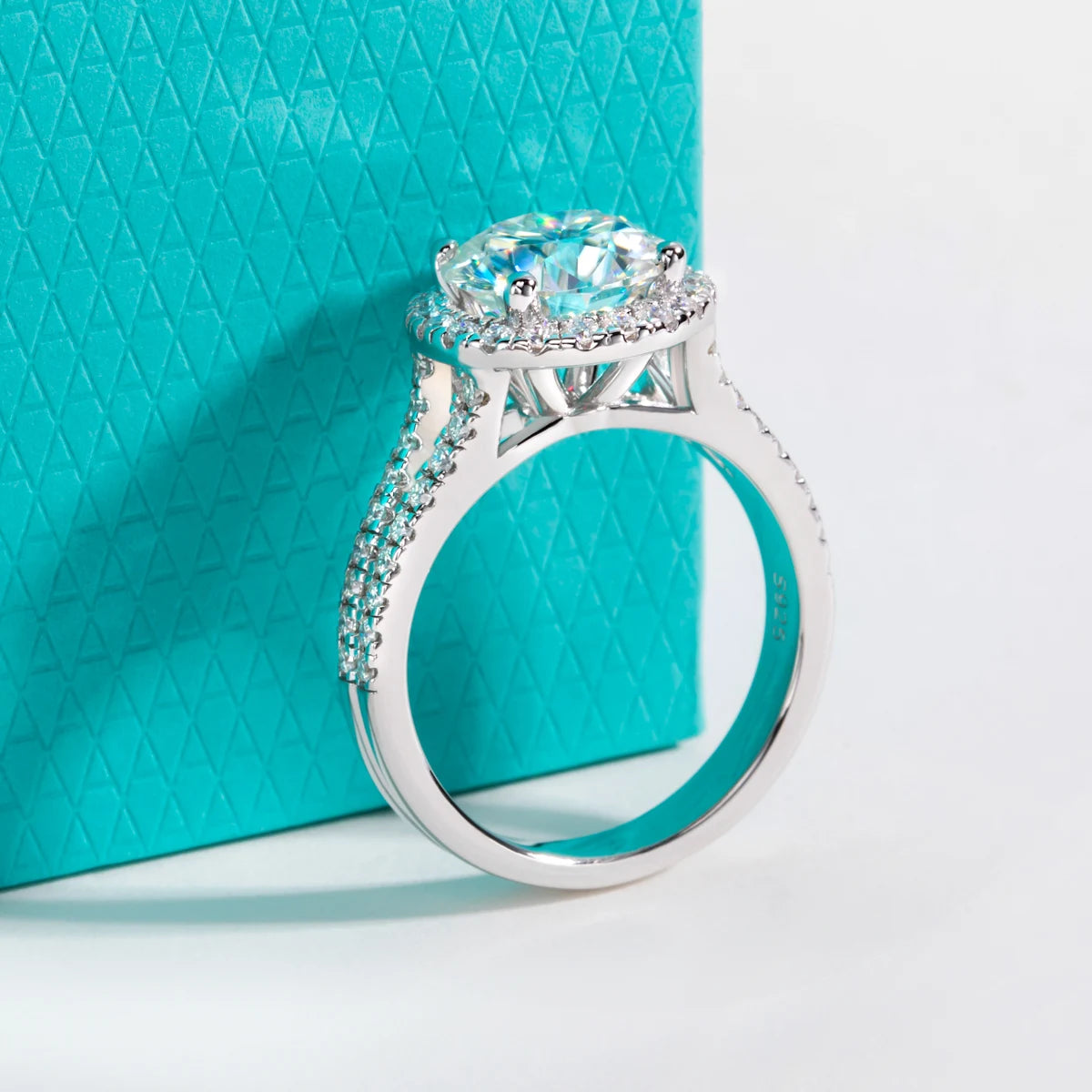The Sena Ring lifestyle — 3ct moissanite Y-shape halo ring worn on finger — Aurora Moissanite