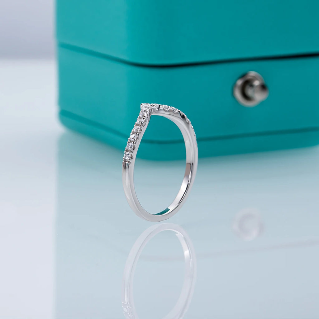 V-row moissanite ring, side profile, 18K white gold plated sterling silver — Aurora Moissanite