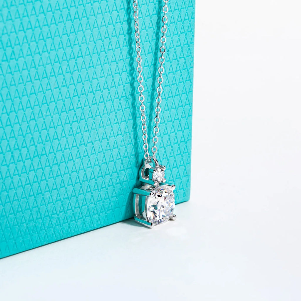 The Pillow Pendant — 2ct cushion moissanite pendant, front view, sterling silver — Aurora Moissanite