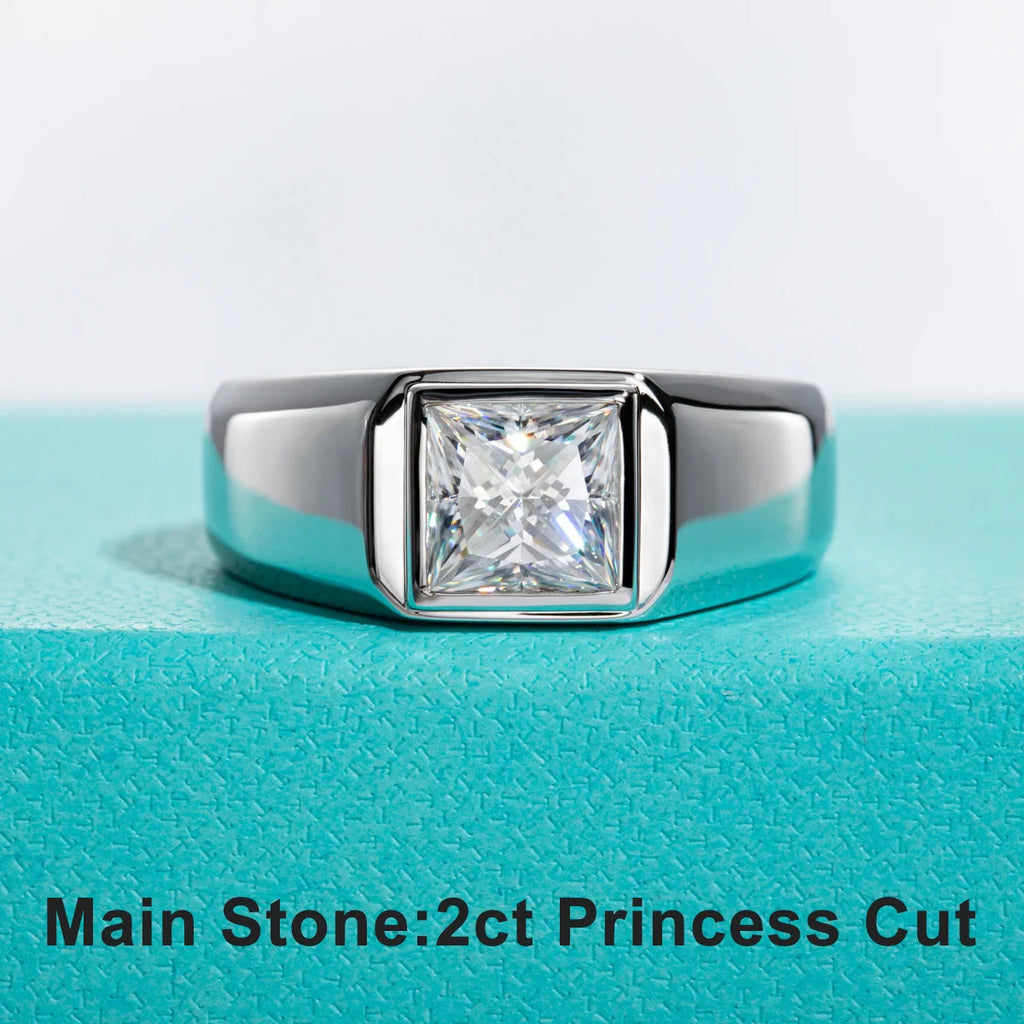 The Rex Ring worn — 2ct princess moissanite men's ring, 18K gold, sizes 8–12 — Aurora Moissanite
