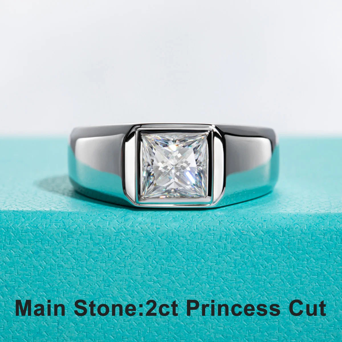 The Rex Ring worn — 2ct princess moissanite men's ring, 18K gold, sizes 8–12 — Aurora Moissanite