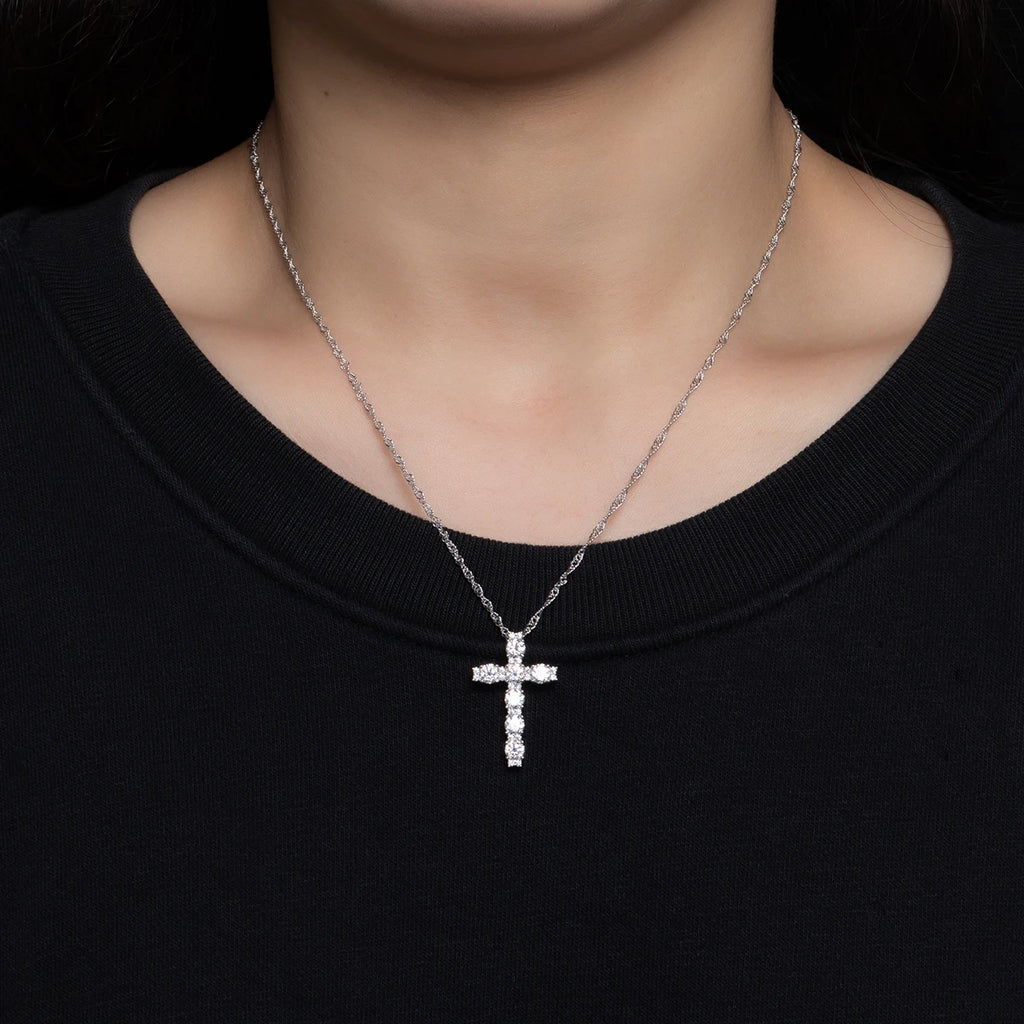 Moissanite cross pendant worn on neck, 18K gold plated S925 silver, D color stones — Aurora Moissanite