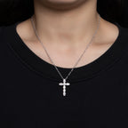 Moissanite cross pendant worn on neck, 18K gold plated S925 silver, D color stones — Aurora Moissanite
