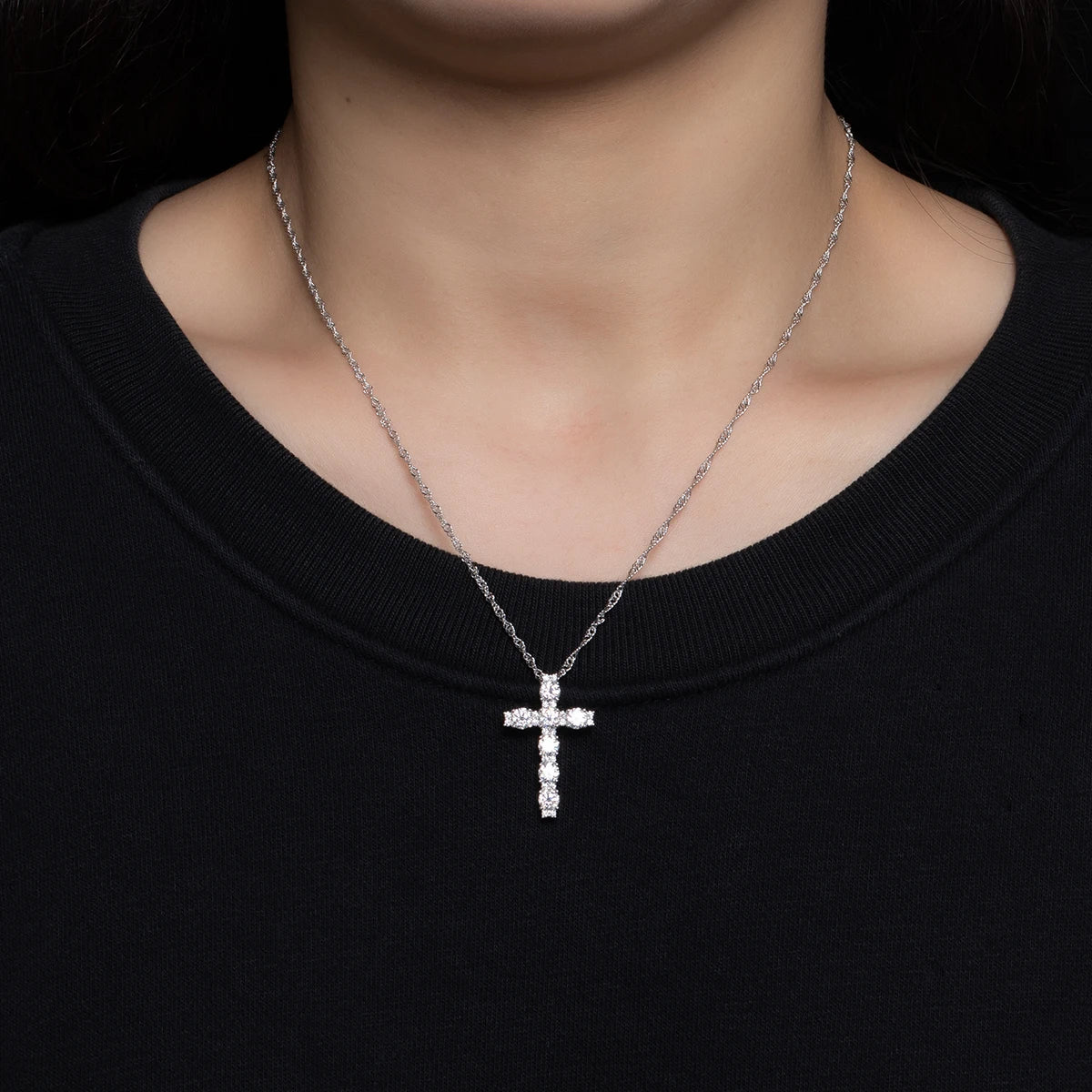 Moissanite cross pendant worn on neck, 18K gold plated S925 silver, D color stones — Aurora Moissanite